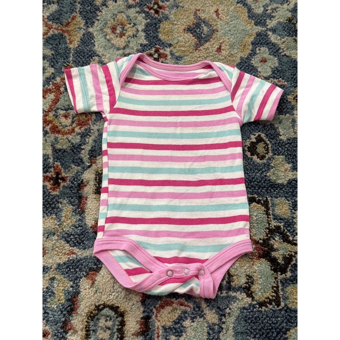 KicKee Pants Bodysuit Girls 0-3M Pink Teal Striped Bamboo Short Sleeve EUC0