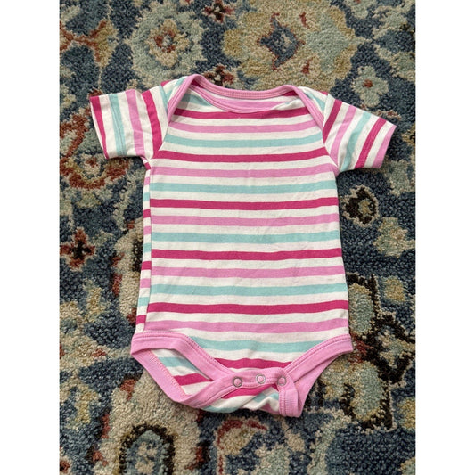 KicKee Pants Bodysuit Girls 0-3M Pink Teal Striped Bamboo Short Sleeve EUC0
