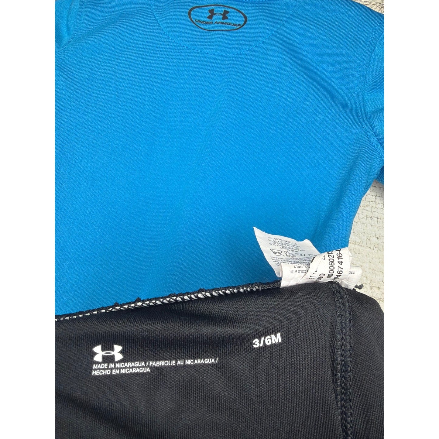 Under Armour Bodysuit Shorts Set Boys 3-6M Blue Black HeatGear Athletic Sporty7