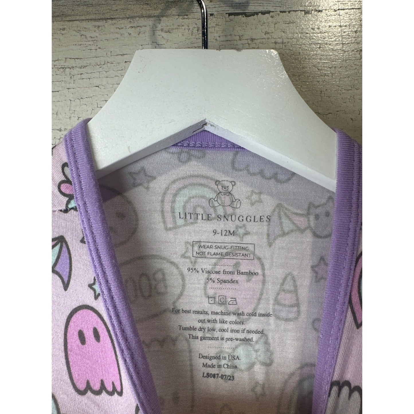 Little Snuggles Sleeper Kids 9-12M Purple Ghost Rainbow Ruffle Bamboo2