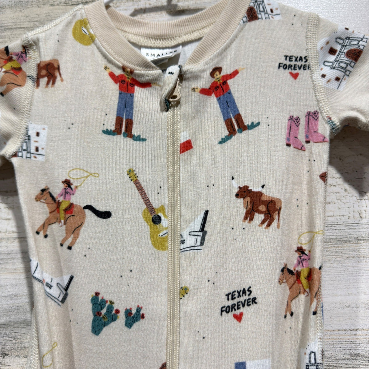 Smaller Things Romper Kids 3-6M Cream Texas Forever Cowboy Organic Cotton EUC1