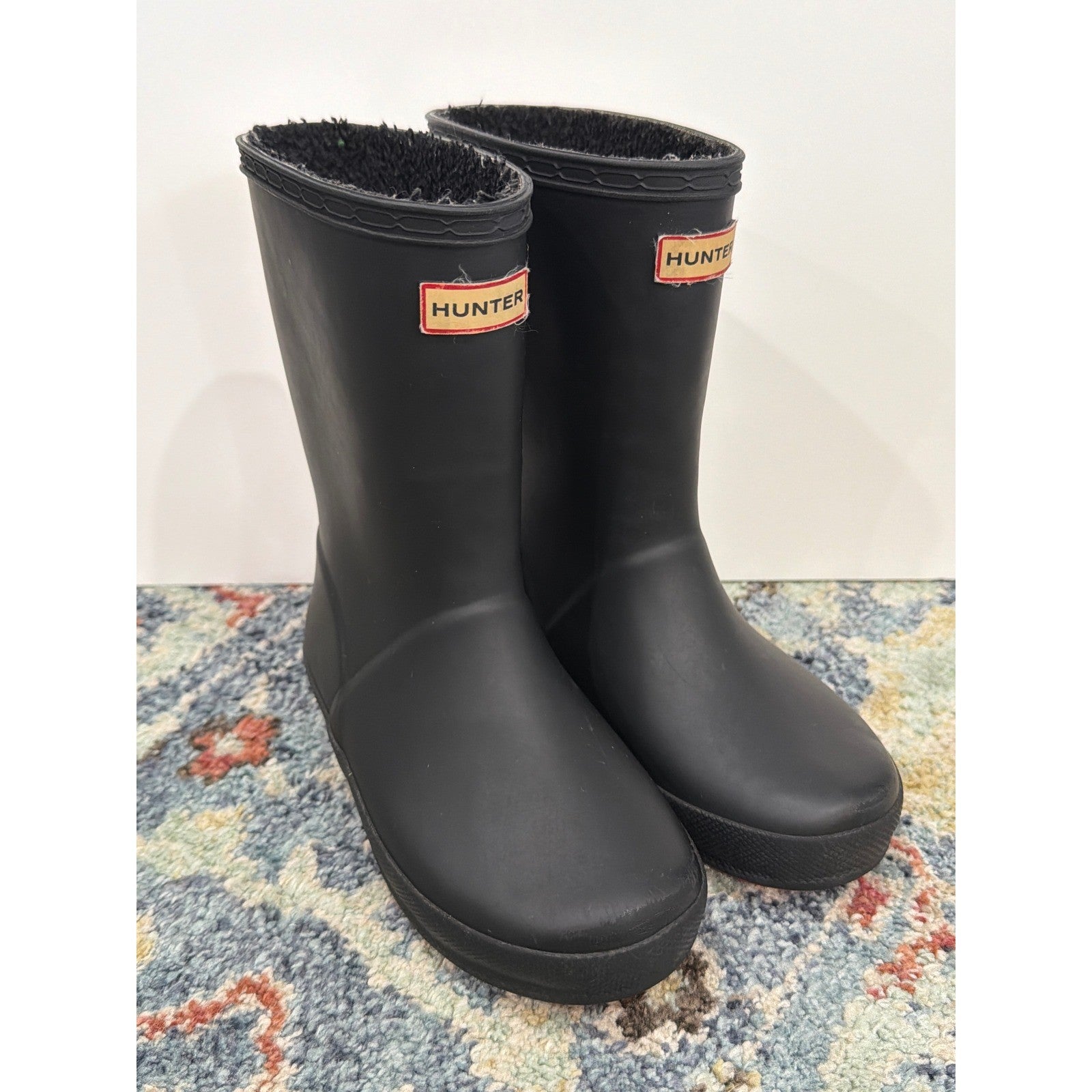 Hunter Rain Boots Kids 12 Black Matte Fleece Lined Rubber Outdoors0