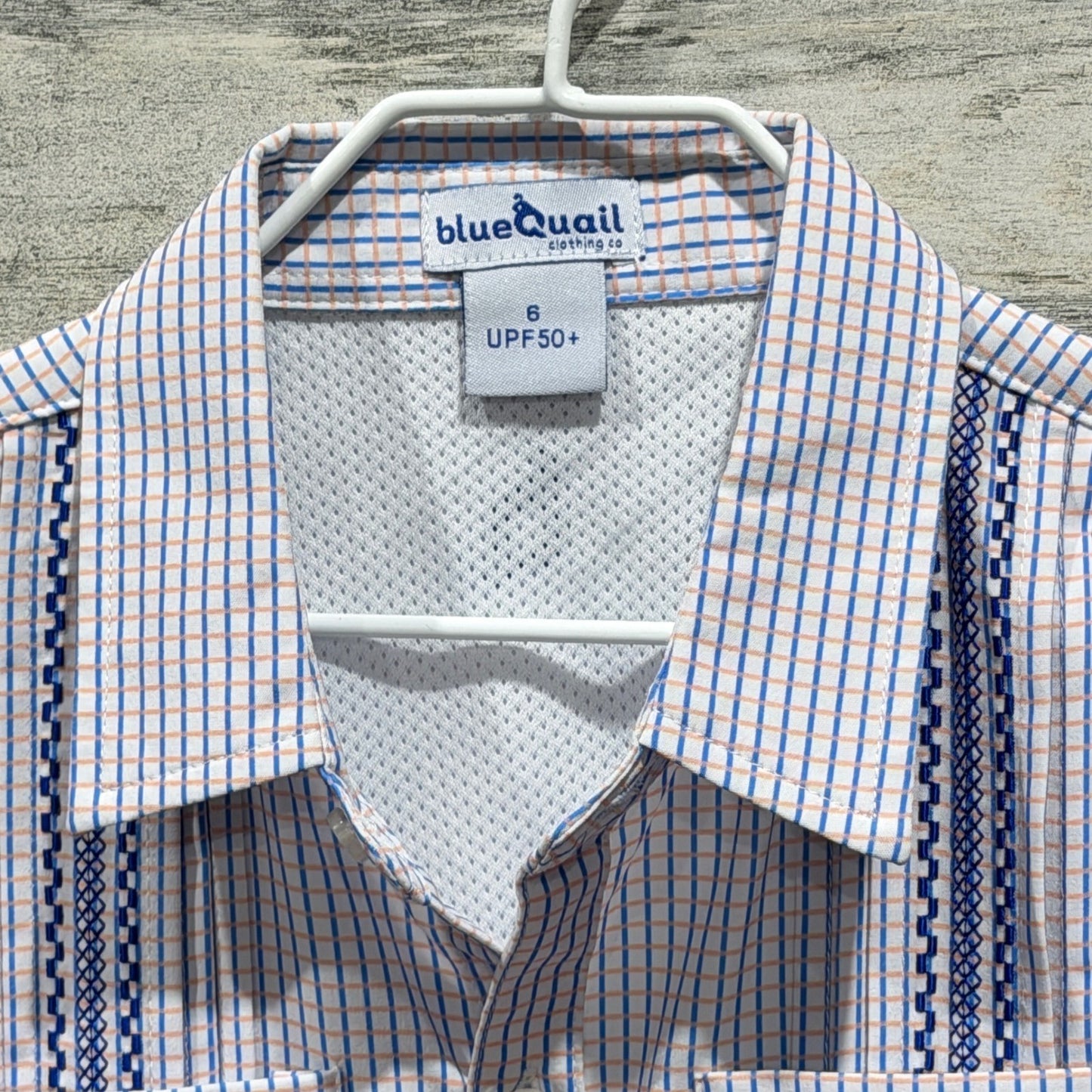 Blue Quail Fishing Shirt Boys 6 Blue Plaid UPF 50 Guayabera Outdoor EUC1