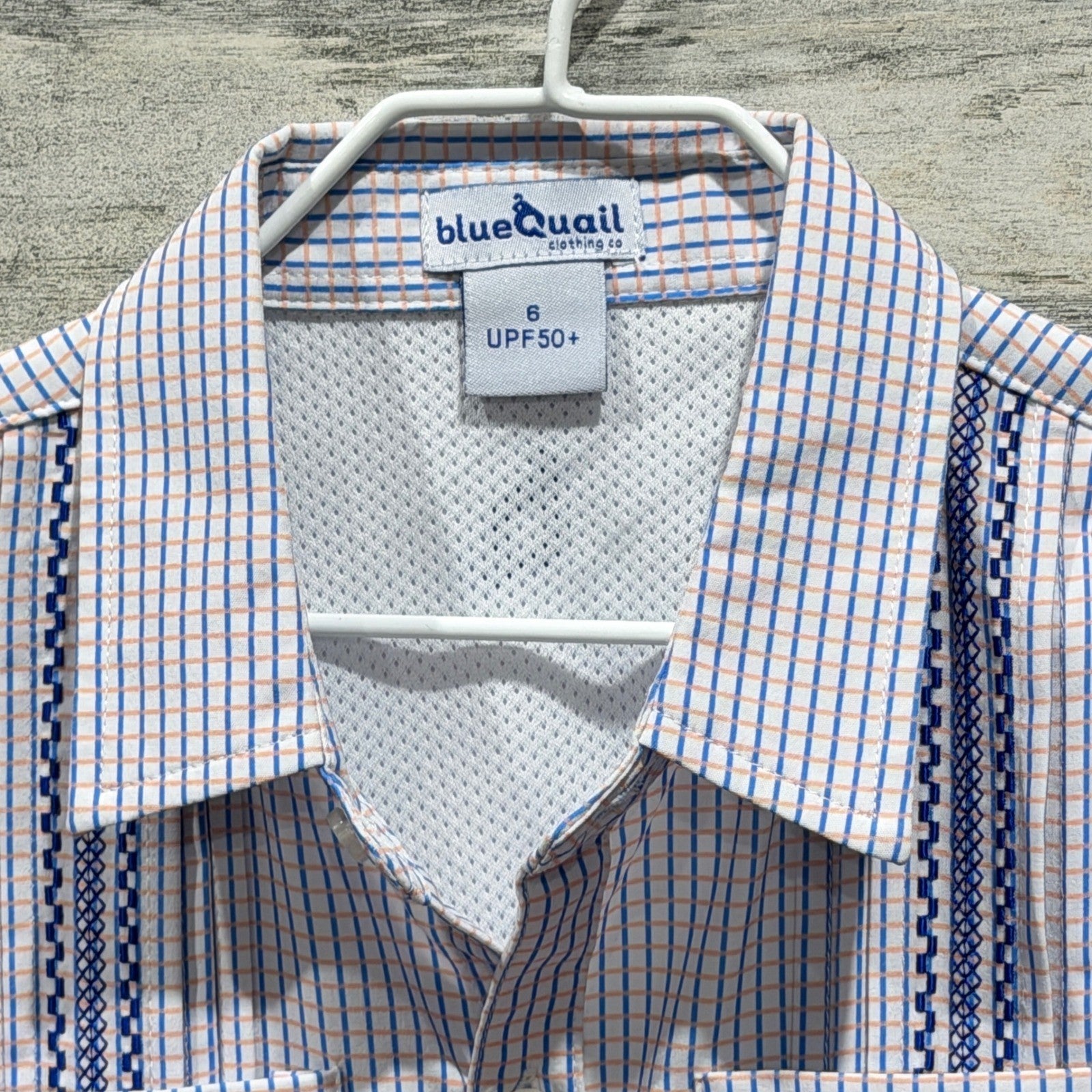 Blue Quail Fishing Shirt Boys 6 Blue Plaid UPF 50 Guayabera Outdoor EUC1