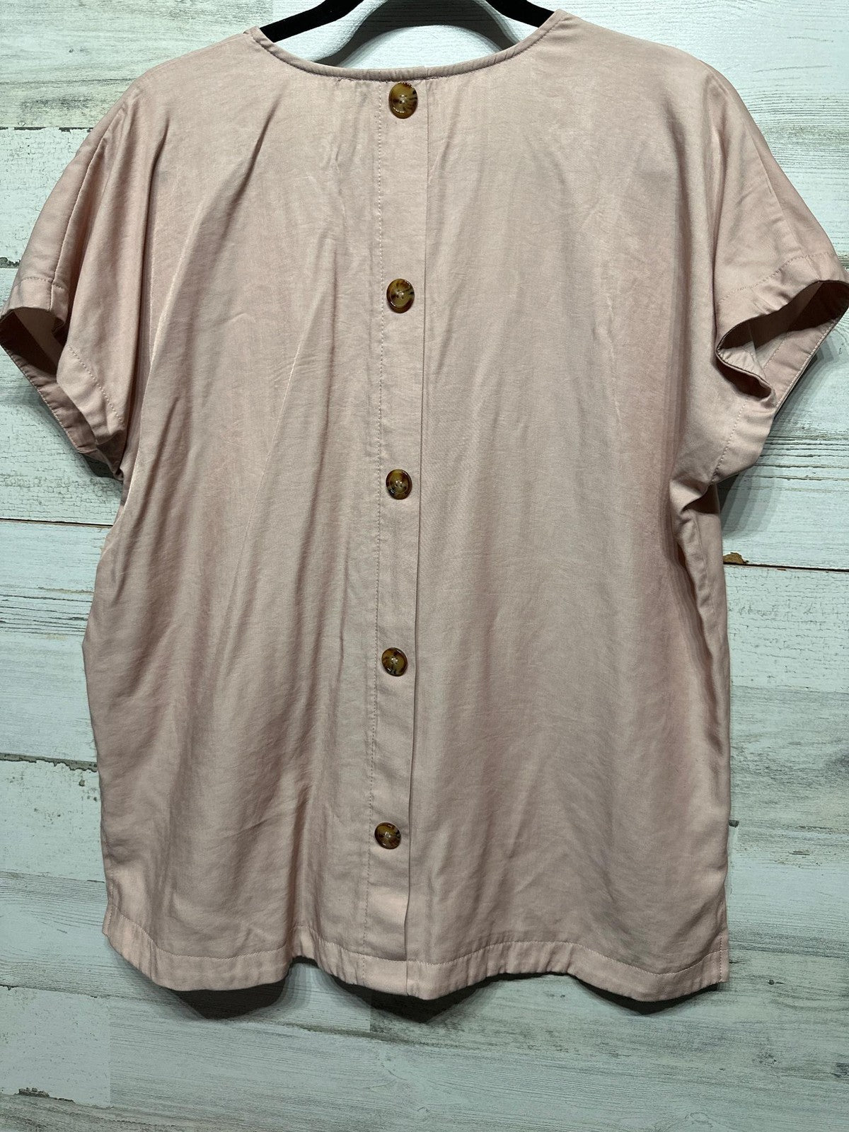 Gaudie V-Neck Blouse Women Size M Pink Button Back Short Sleeve EUC3