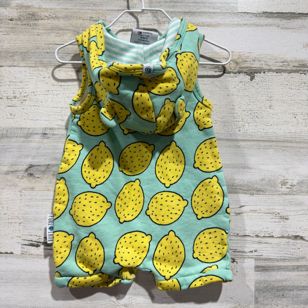 Purl Lamb Hooded Romper Kids 12/18M Mint Lemon Print Fruitcore EUC2