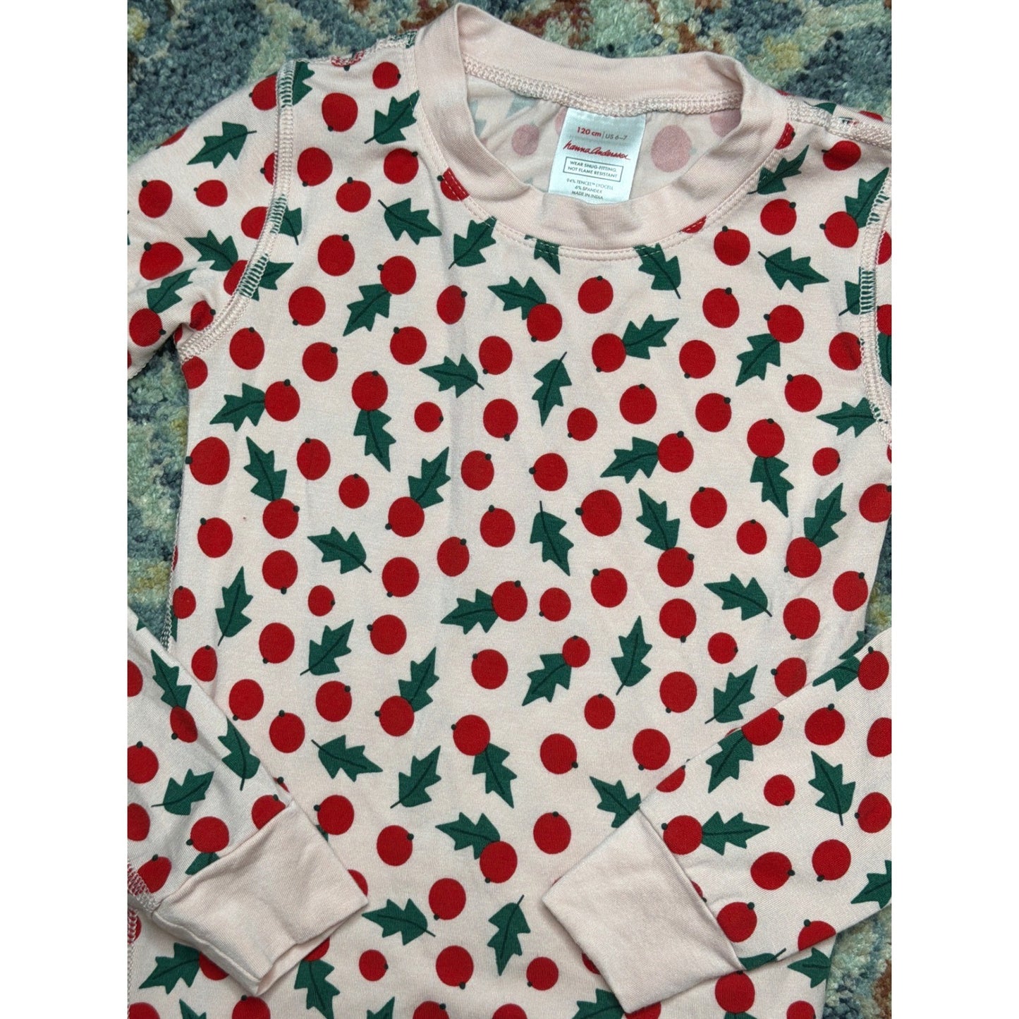 Hanna Andersson PJ Set Girls Size 6-7 Top / Size 8 Pants Holly Berry Soft EUC1