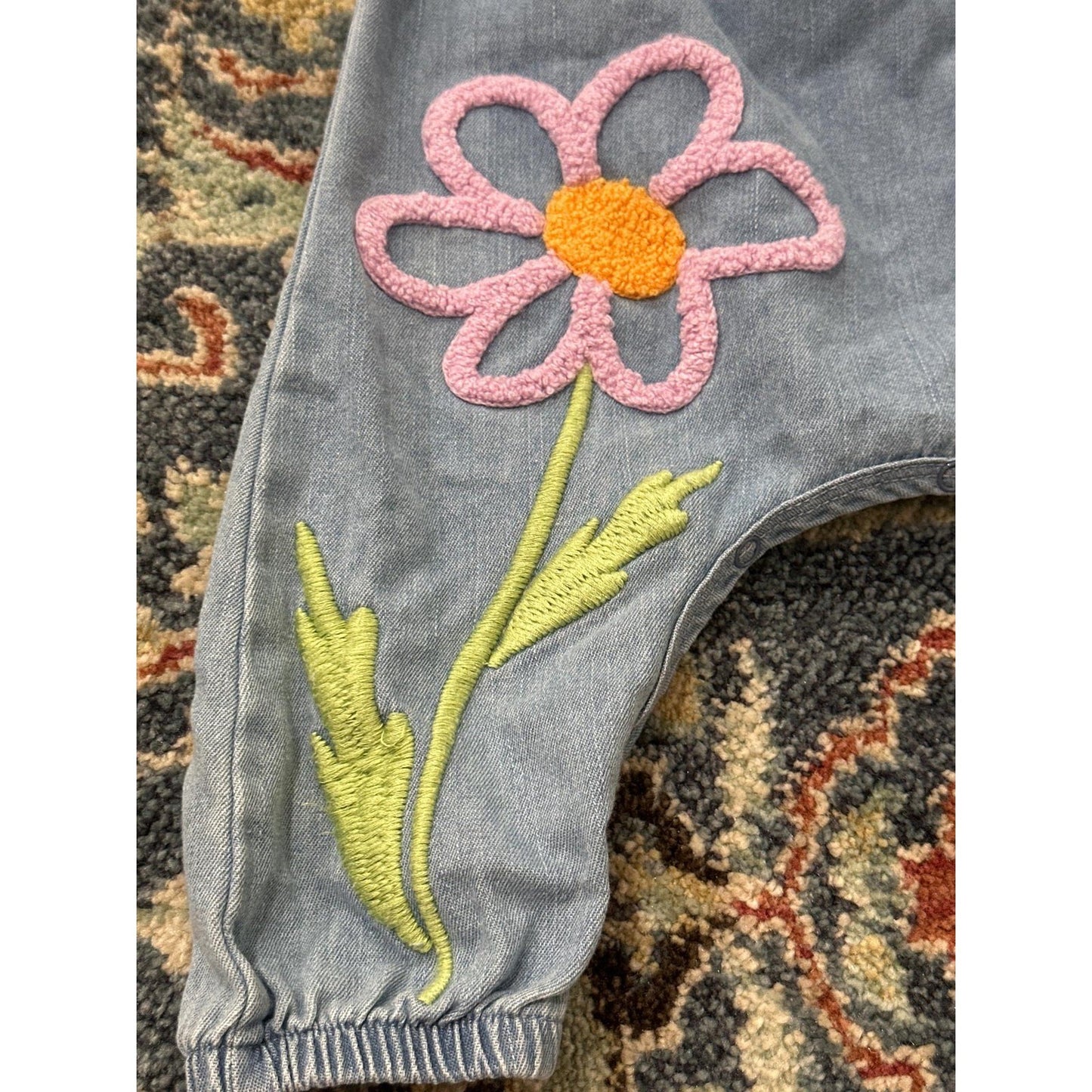 Mud Pie Denim Romper Girls 9-12M Blue Floral Embroidered Harem Jumpsuit EUC2