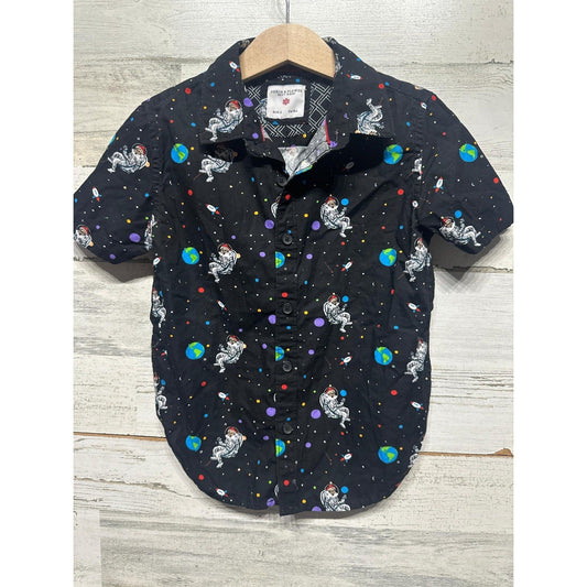 Denim & Flower Button Up Boys Size 4 Black Santa Astronaut Space Holiday EUC0