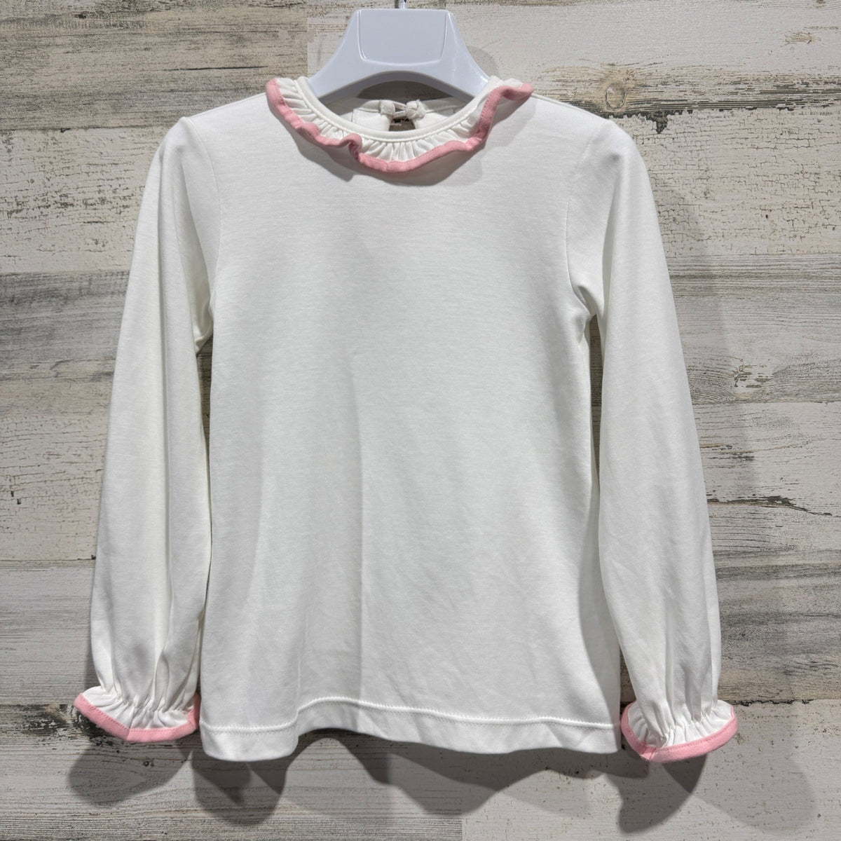 James & Lottie Ruffle Collar Top Girls Size 5 White Pink Pima Cotton Classic EUC0