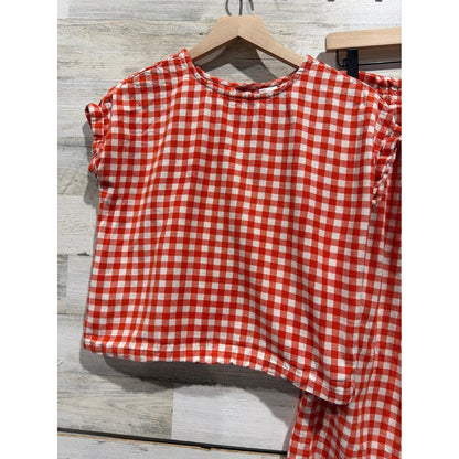 Hanna Andersson Linen Set Girls 12 Red Gingham Check Two Piece *Flawed1