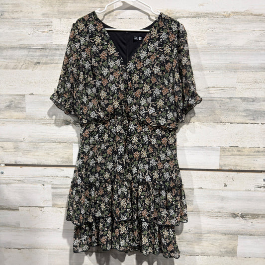 Leslie Fay Floral Mini Dress Women 14 Black Ruffle Tiered Cottagecore EUC0