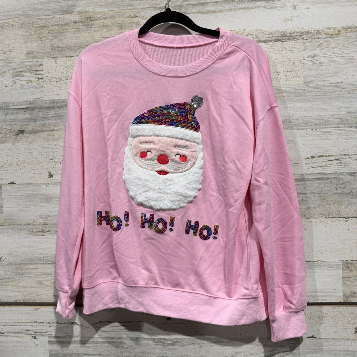 Santa Claus Sequin Graphic Sweatshirt Women Size M Pink Cotton Blend Holiday0