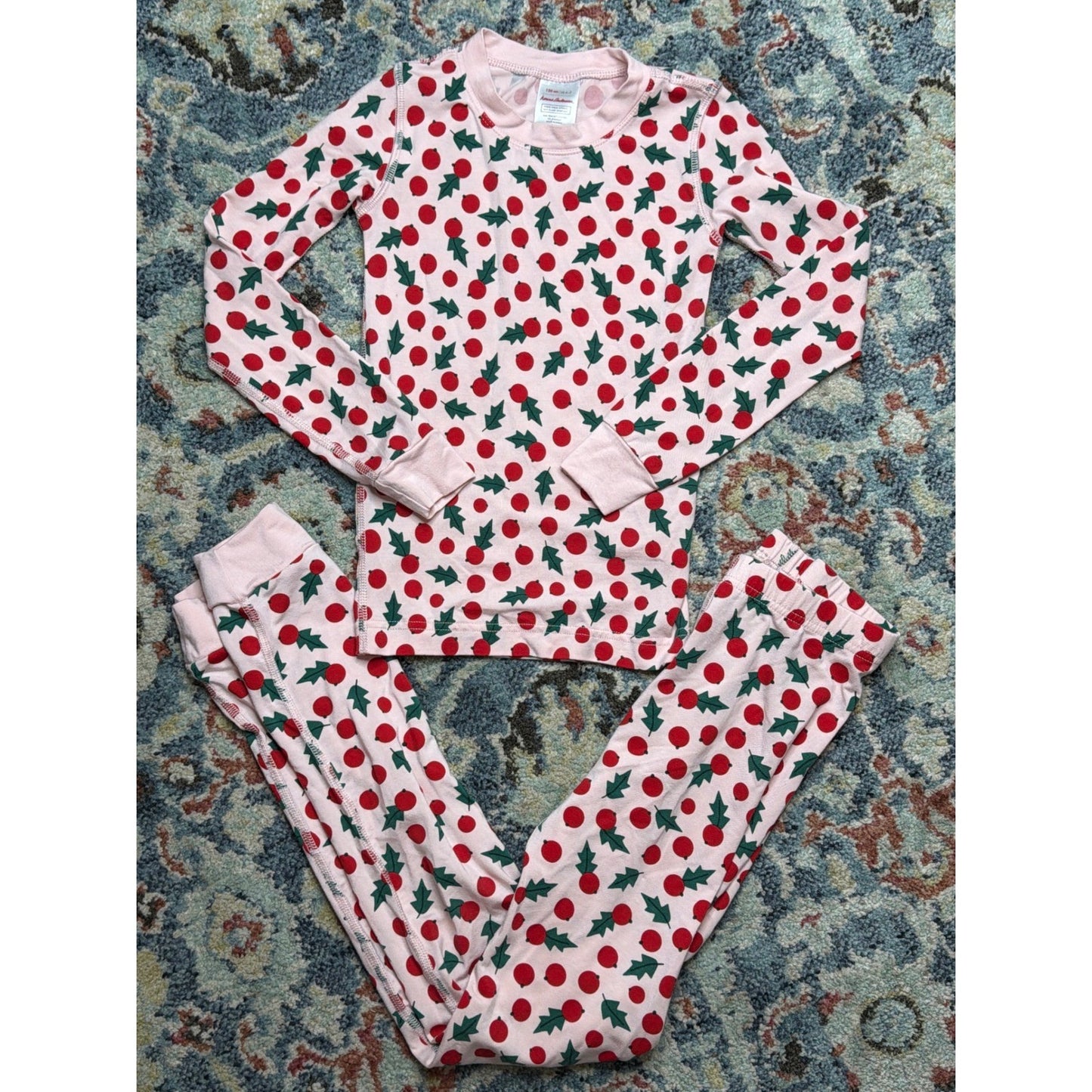 Hanna Andersson PJ Set Girls Size 6-7 Top / Size 8 Pants Holly Berry Soft EUC0