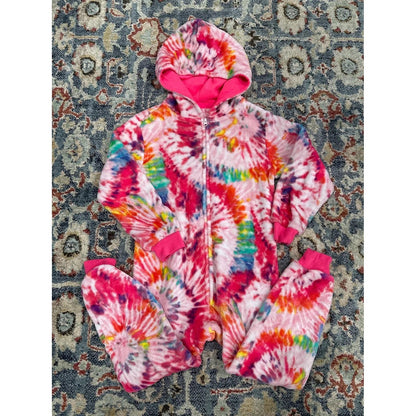 PJ Place Fleece Hooded One Piece Girls 5/6 Pink Blue Tie Dye Animals EUC Bundle2