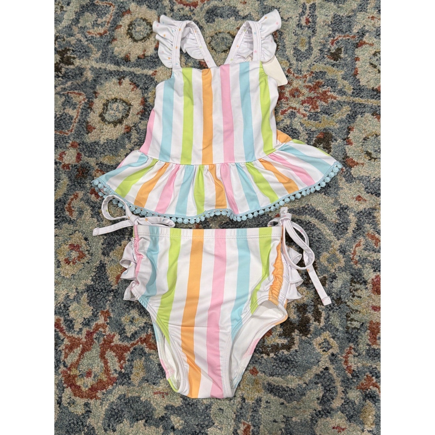 Swoon Baby Swimsuit Girls 3T 4 Multicolor Striped Ruffle Pom Pom Tankini Set NEW0