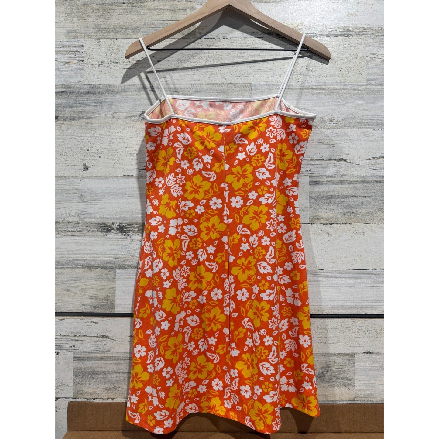 Y2K Status Mini Dress Women Large Orange Floral Tropical Coconut Girl EUC3