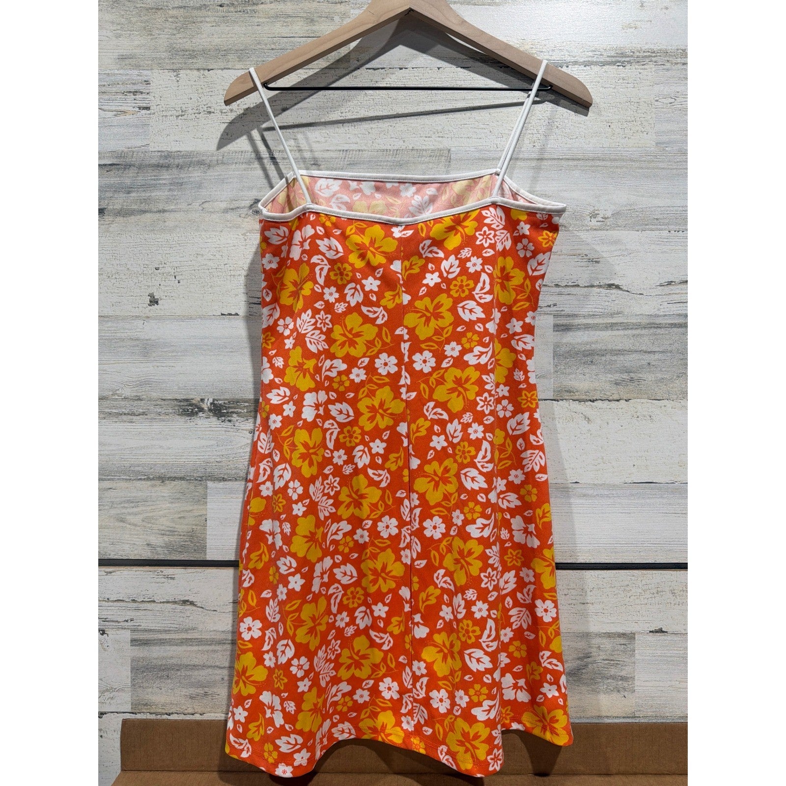 Y2K Status Mini Dress Women Large Orange Floral Tropical Coconut Girl EUC3