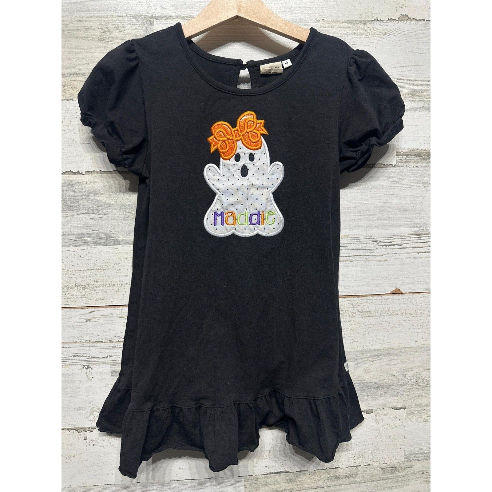 Ghost Ruffle Top Girls 10 Black Halloween Maddie Applique EUC0