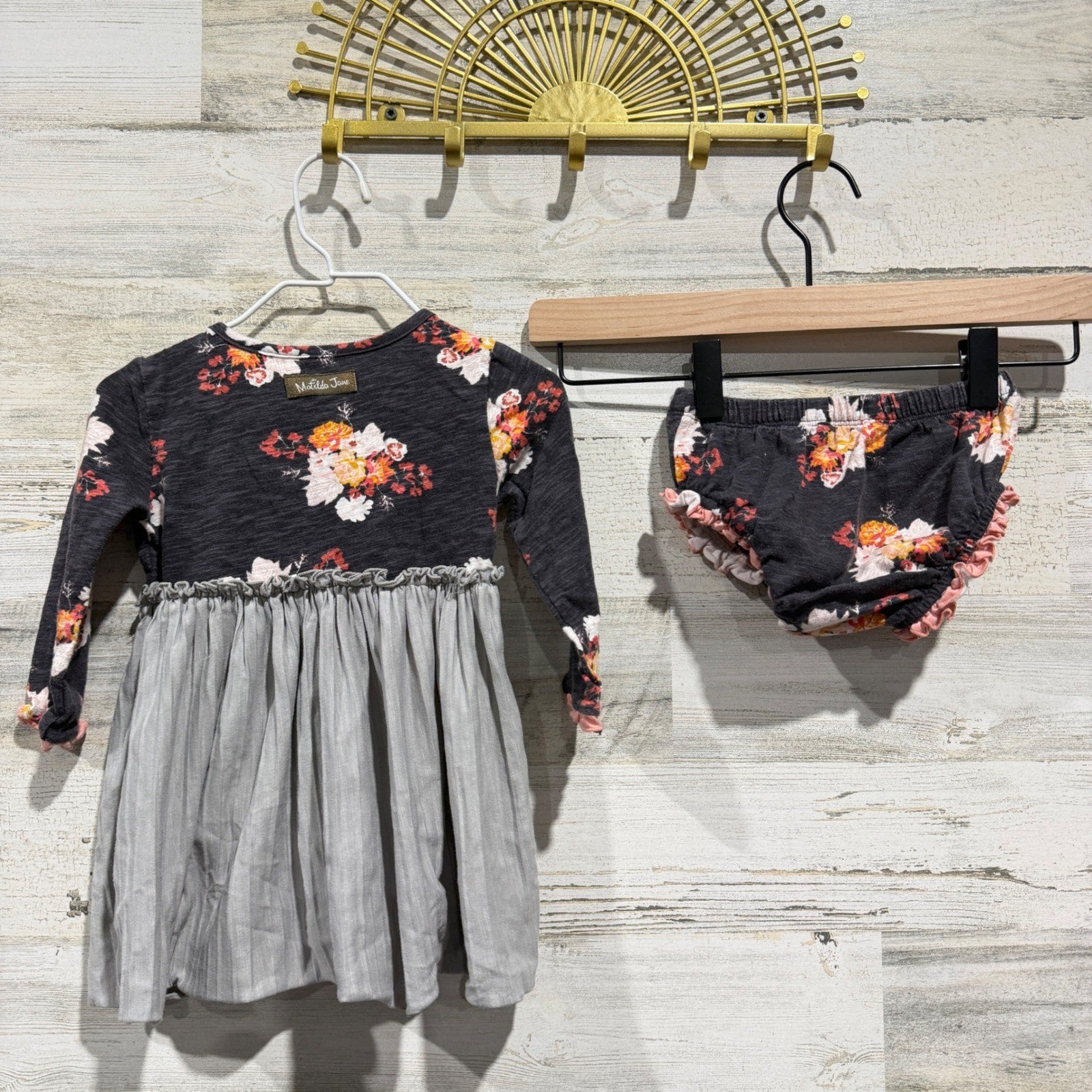 Matilda Jane Joanna Gaines Dress Set Girls 12-18M Grey Floral Ruffle EUC4
