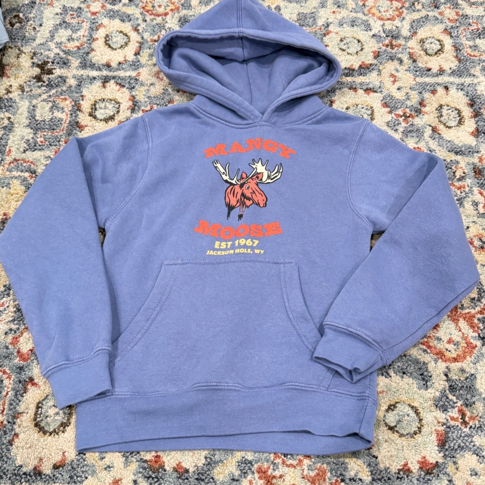 Lone Rock Mangy Moose Hoodie Kids YS Blue Jackson Hole Wyoming EUC0