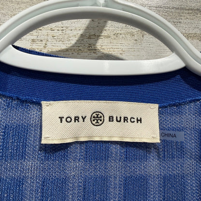 Tory Burch Gingham Cardigan Women Medium Blue Polyester Plaid Classic EUC1