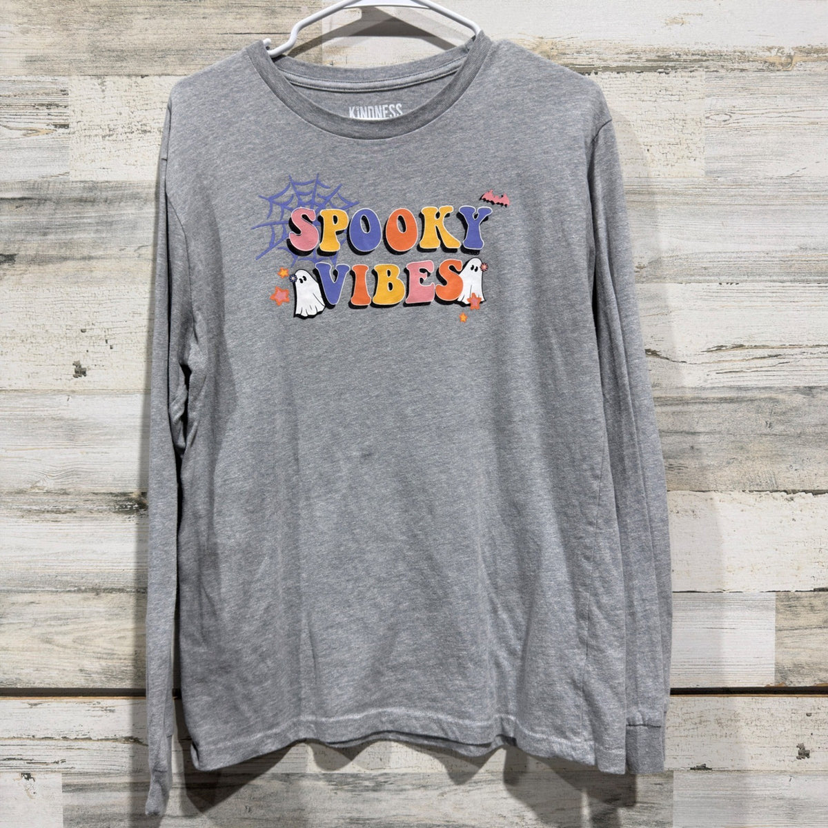 Kindness & Confetti Spooky Vibes Tee Women M Gray Ghost Graphic Retro EUC0