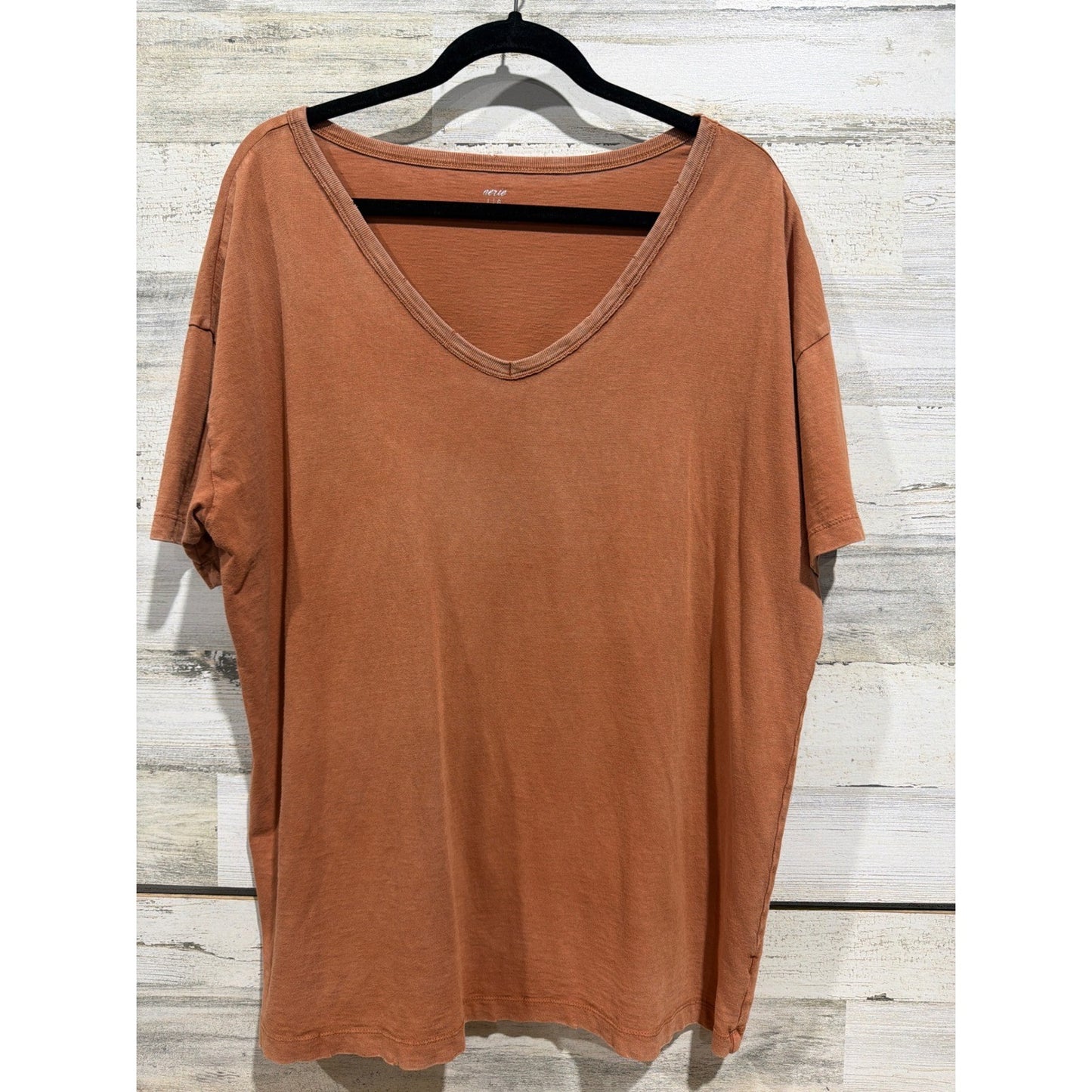 Aerie Oversized V-Neck T-Shirt Women Large Rust Distressed Neckline Boho0