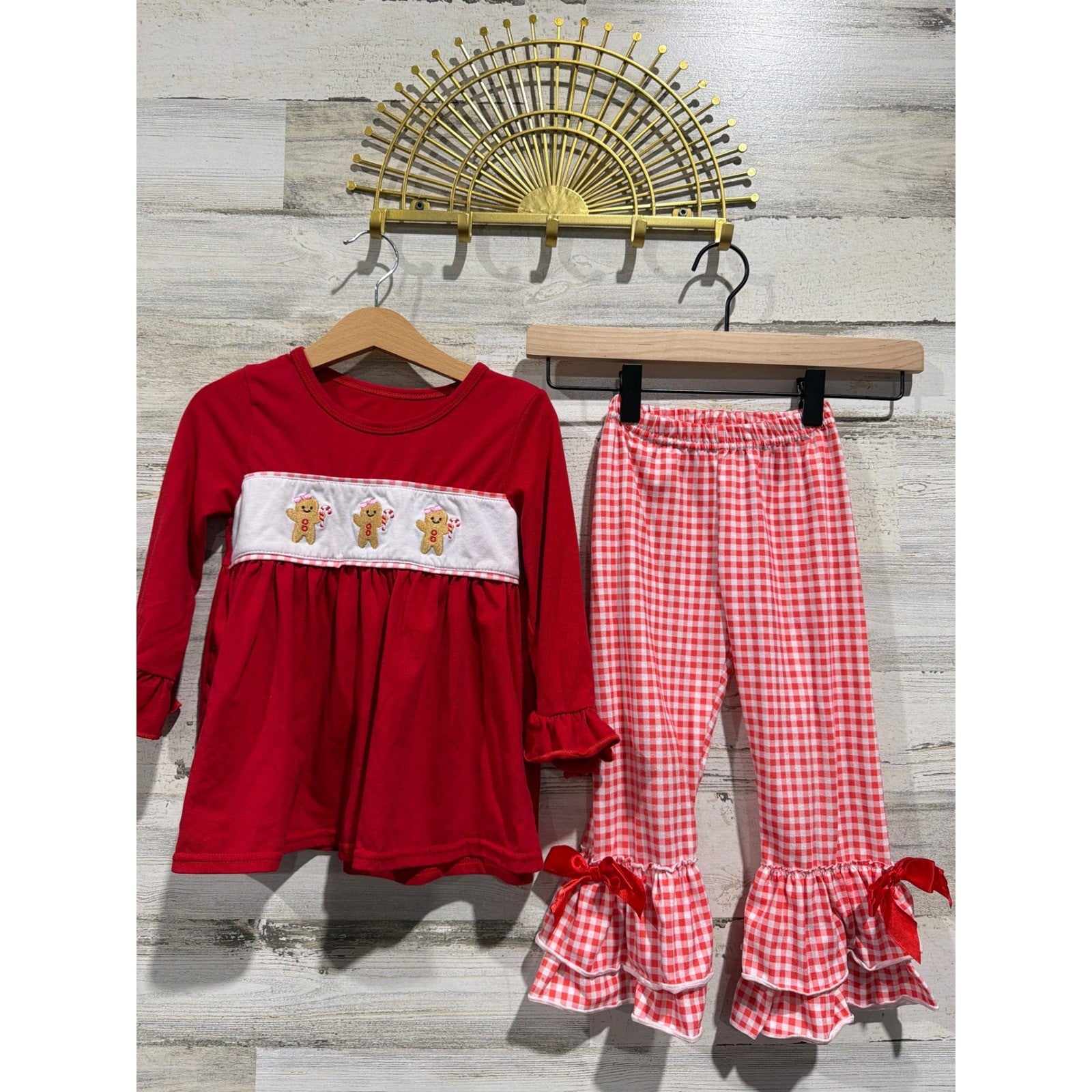 Boutique Gingerbread Smocked Outfit Girls 3 Red Gingham Ruffle Holiday EUC0