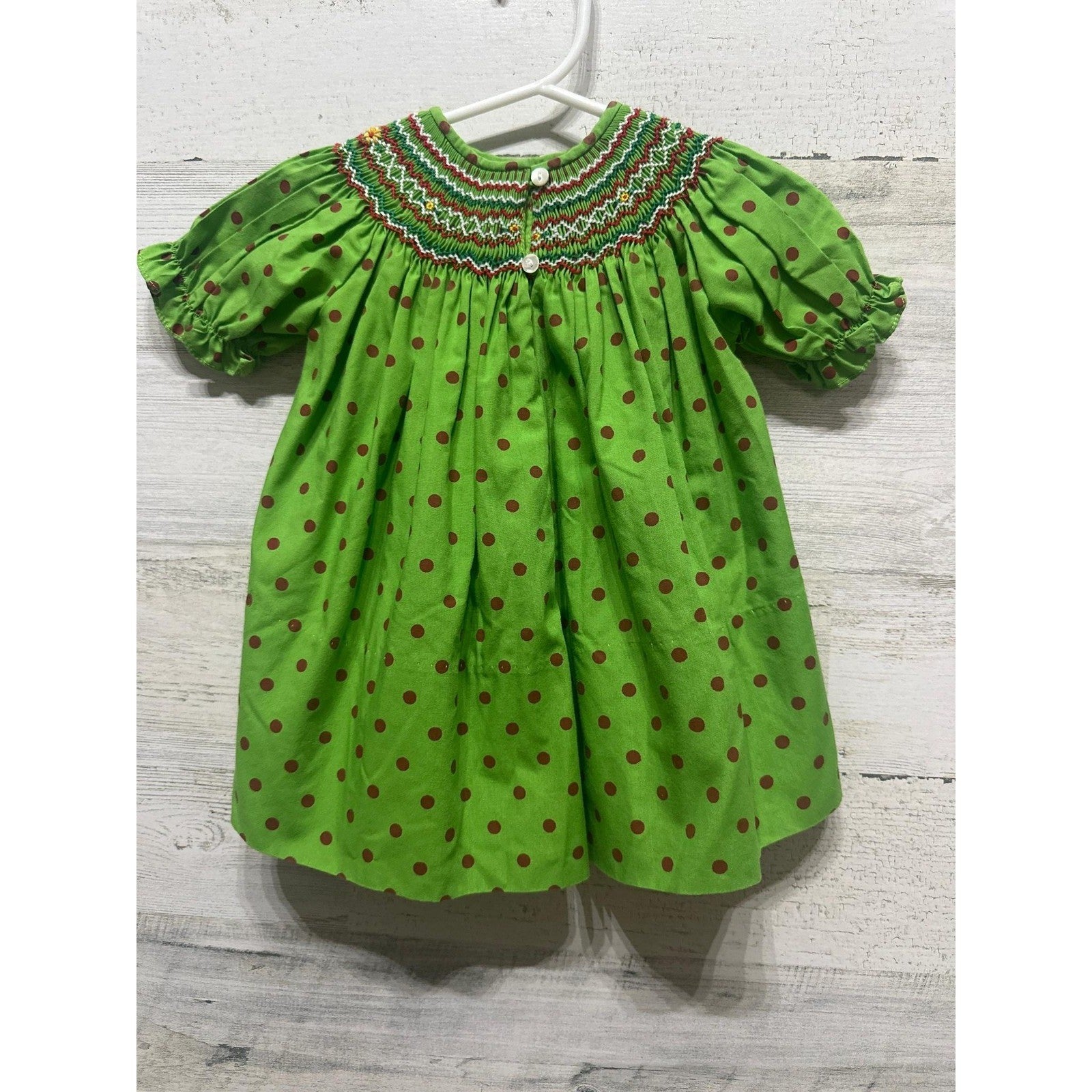 Rosalina Smocked Dress Girls 6M Green Polka Dot Floral Embroidery EUC2