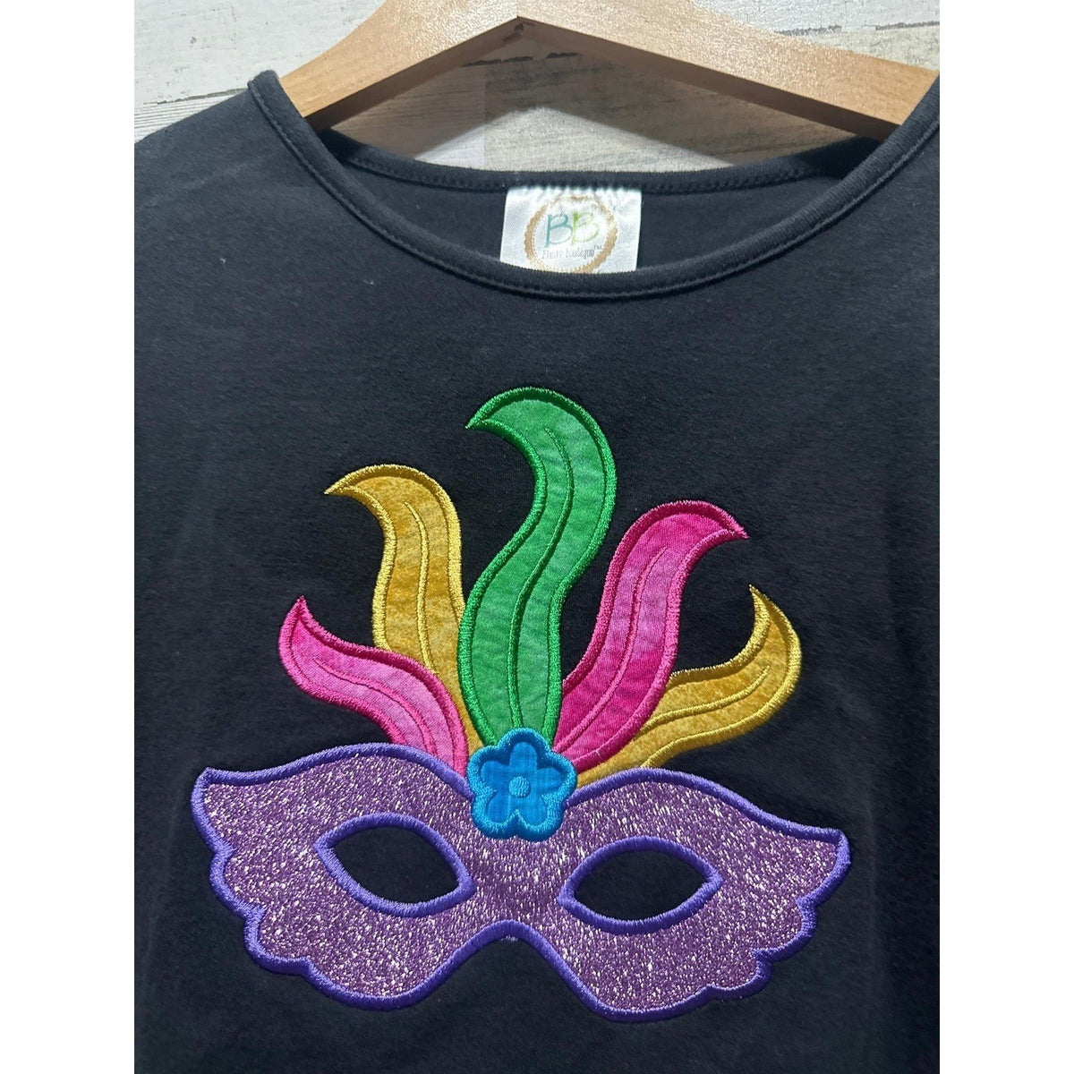 Blanks Boutique Mardi Gras Mask Shirt Girls 10 Black Glitter Applique EUC1