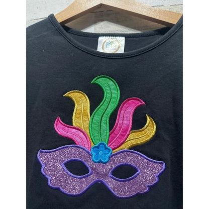 Blanks Boutique Mardi Gras Mask Shirt Girls 10 Black Glitter Applique EUC1