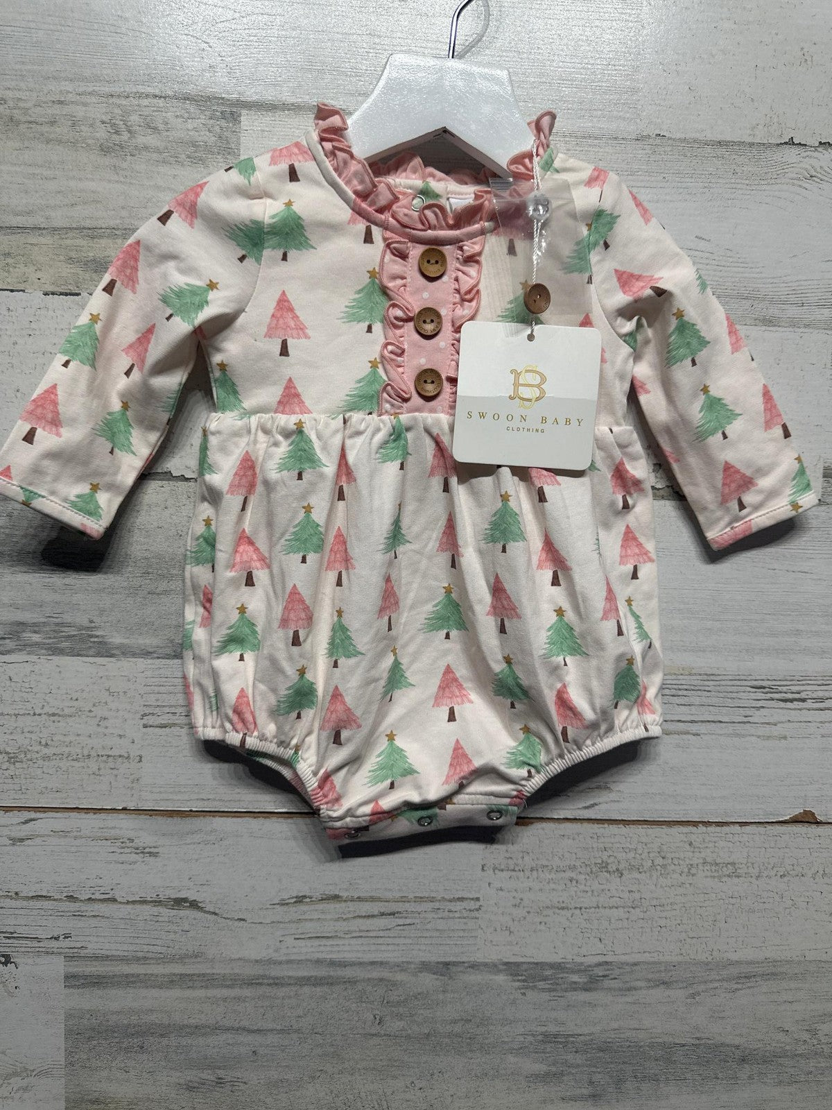 Swoon Baby Christmas Tree Bubble Romper Girls 6M Pink Green Festive NWT0