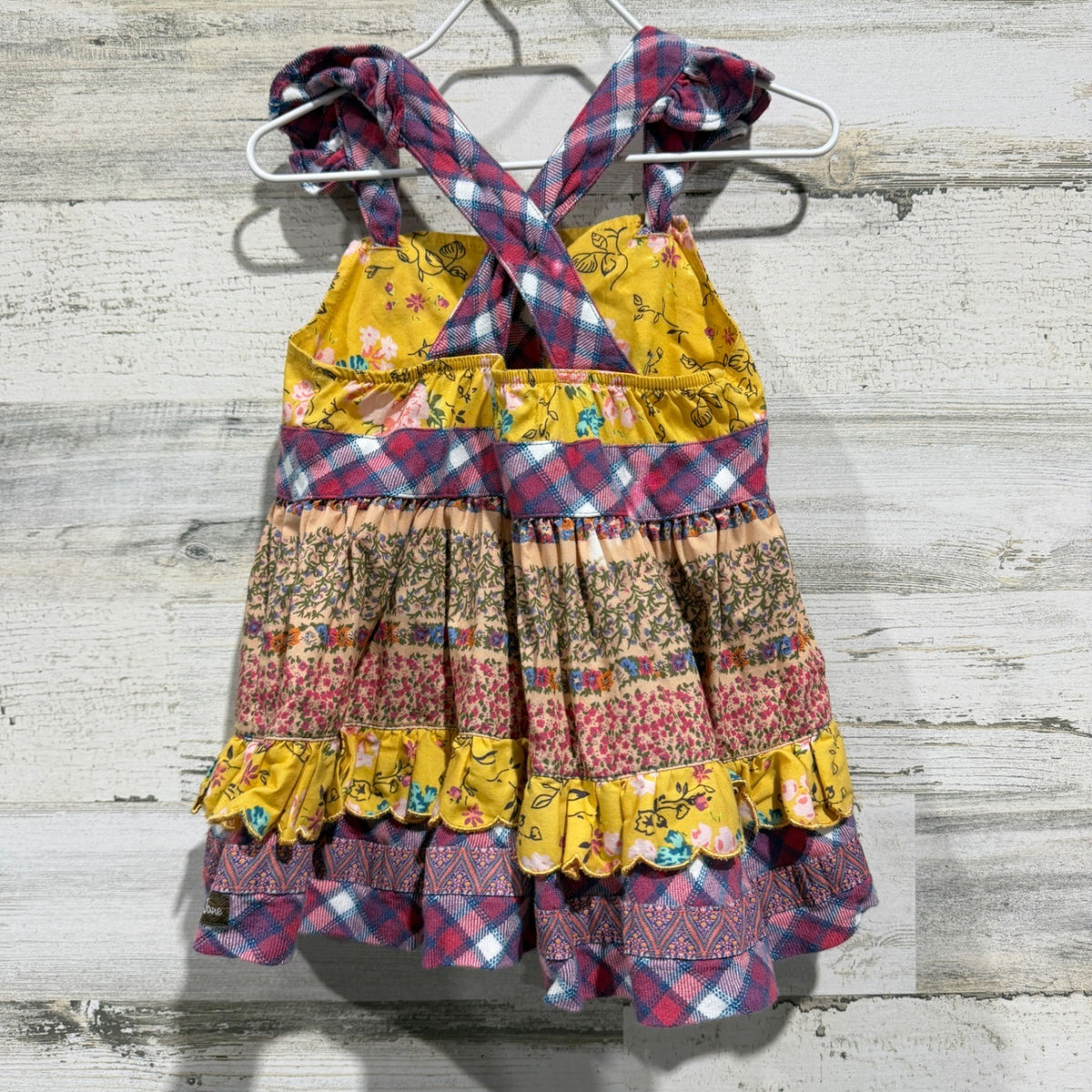 Matilda Jane Mixed Print Tiered Dress Girls Size 2 Yellow Floral Plaid Boho EUC4