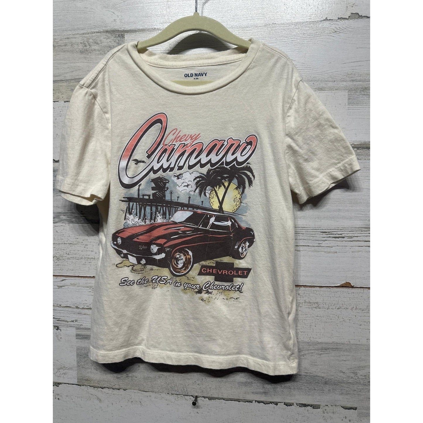 Old Navy Camaro Shirt Boys 8 Medium Cream Graphic Tee Vintage Muscle Car EUC0