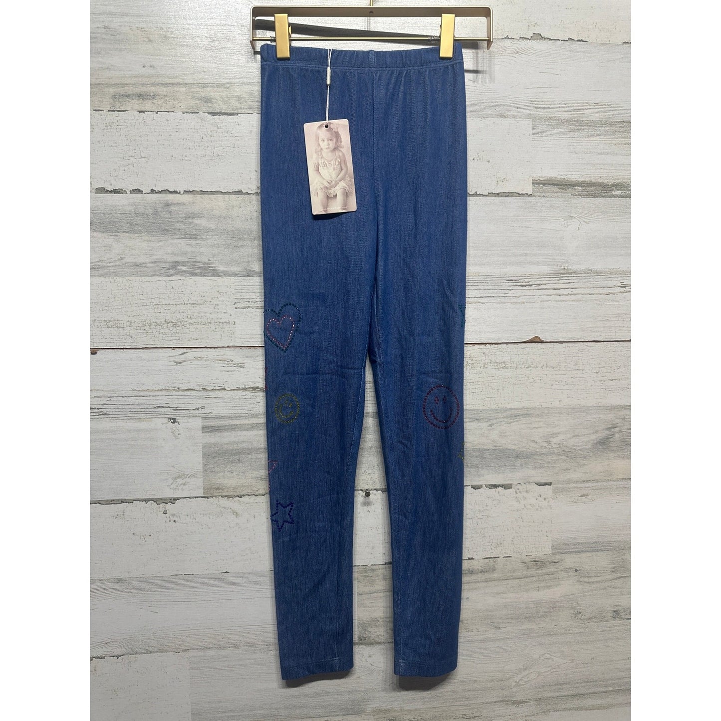 Baby Sara Leggings Girls Size 7 Blue Rhinestone Heart Star Smiley NWT0