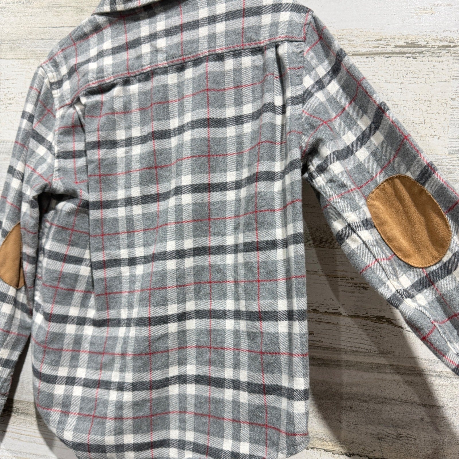 Hope & Henry Plaid Shirt Boys Small Gray Elbow Patch Organic Cotton Preppy EUC3