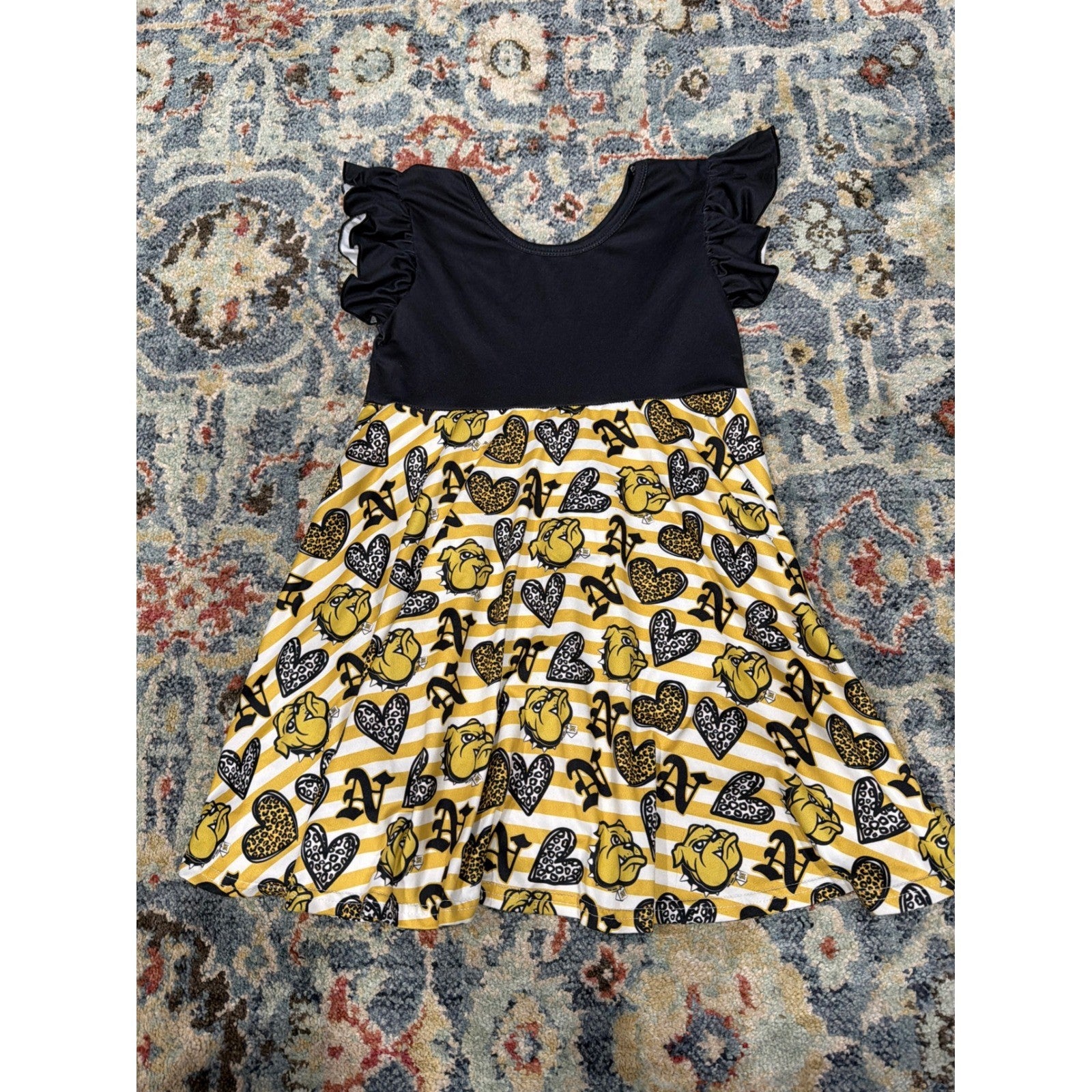 Boutique Bulldogs Dress Girls 7-8 Black Gold Striped Flutter Sleeve2
