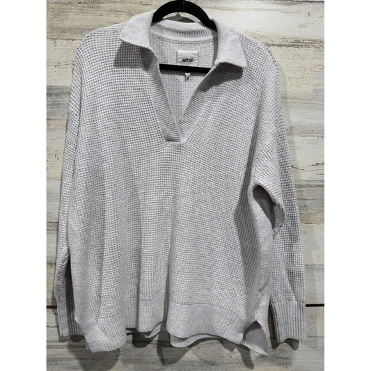Aerie Waffle Knit Polo Sweater Women XXS Gray V-Neck Oversized EUC0