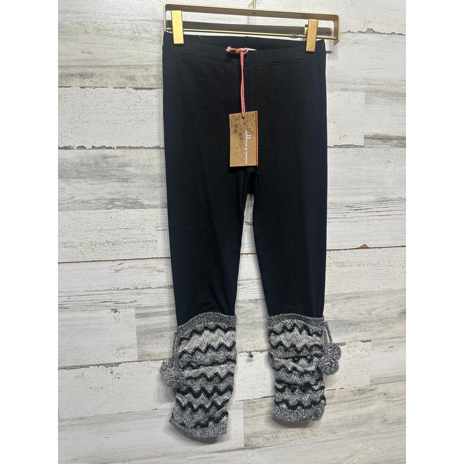 Mimi & Maggie Leggings Girls 6x Black Grey Leg Warmer Pom Pom NWT0