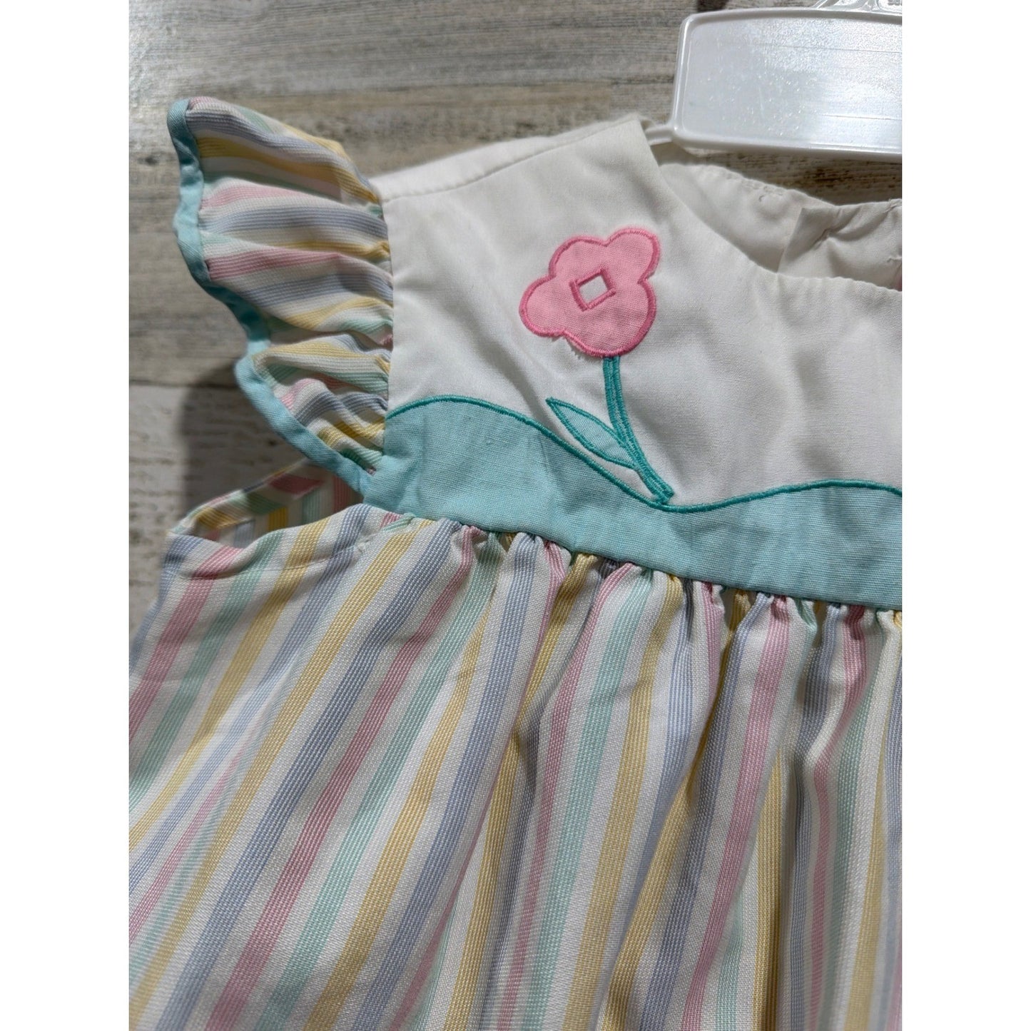 Vintage Dress Girls 4T Pastel Stripe Flutter Sleeve Flower1
