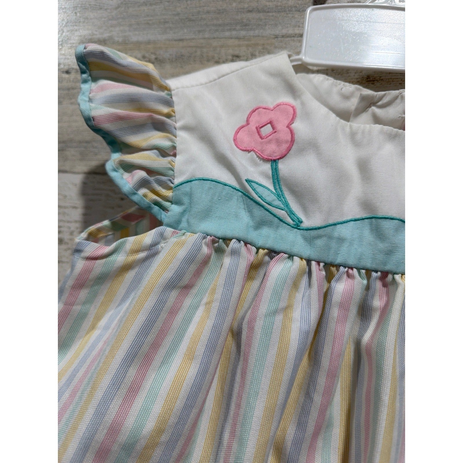 Vintage Dress Girls 4T Pastel Stripe Flutter Sleeve Flower1
