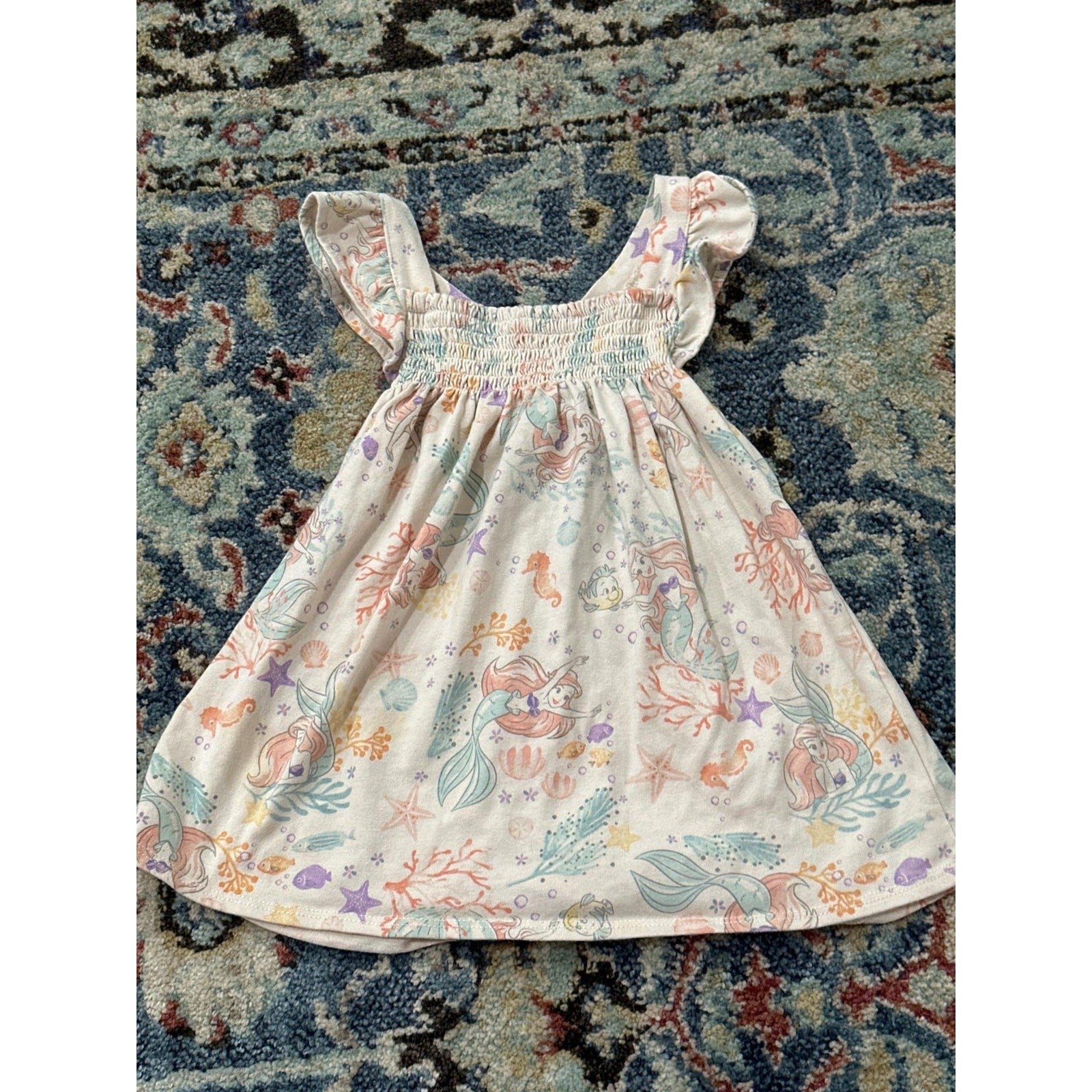 Disney Ariel Little Mermaid Dress Girls 18M Cream Pastel Smocked Ruffle EUC0