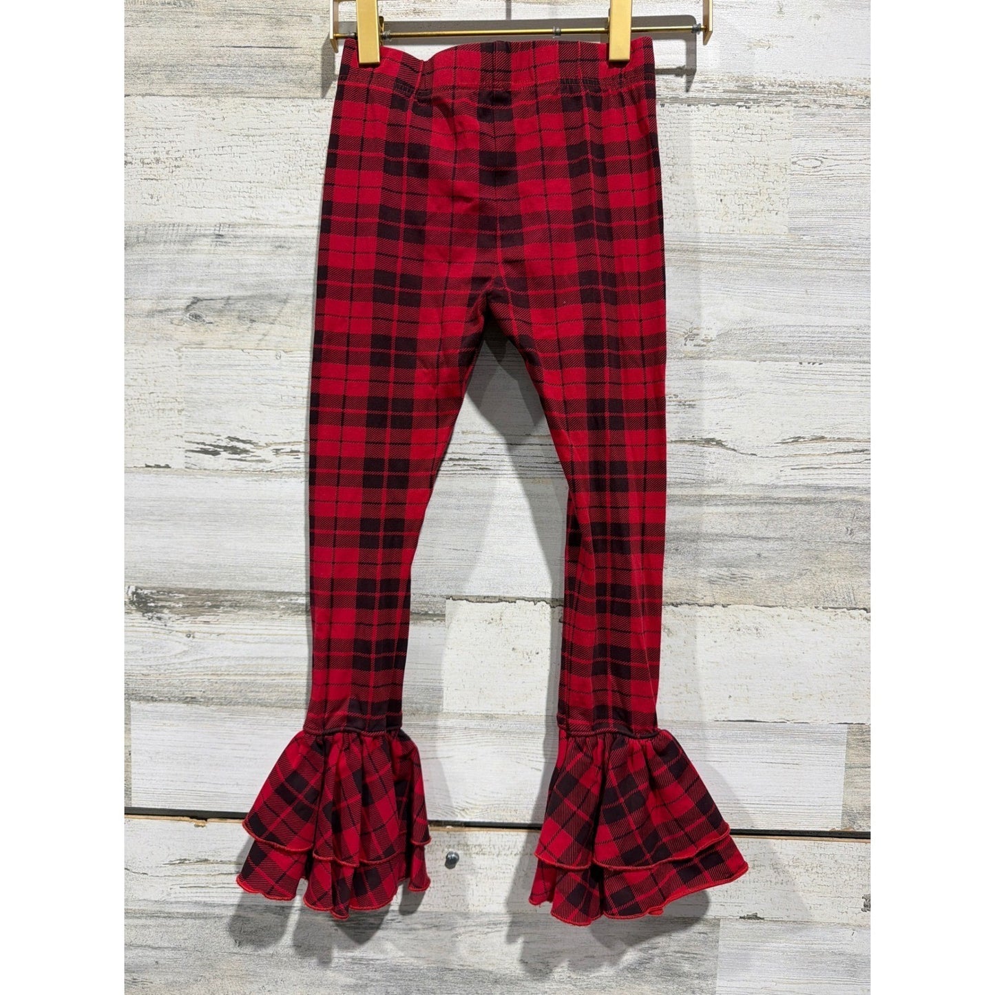 Sew Sassy Ruffle Leggings Girls 8 Red Black Buffalo Plaid Boutique EUC3