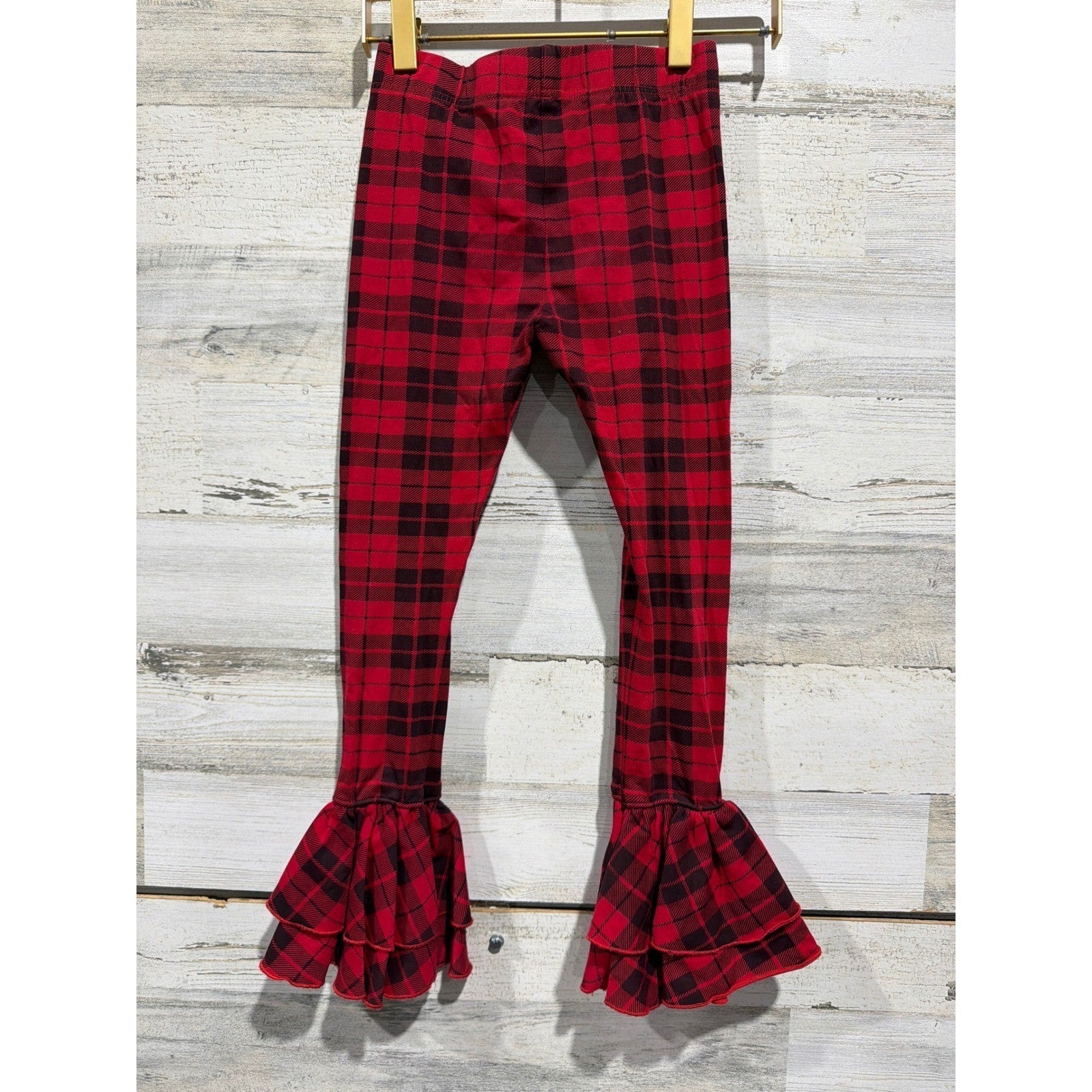 Sew Sassy Ruffle Leggings Girls 8 Red Black Buffalo Plaid Boutique EUC3