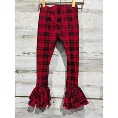Sew Sassy Ruffle Leggings Girls 8 Red Black Buffalo Plaid Boutique EUC3