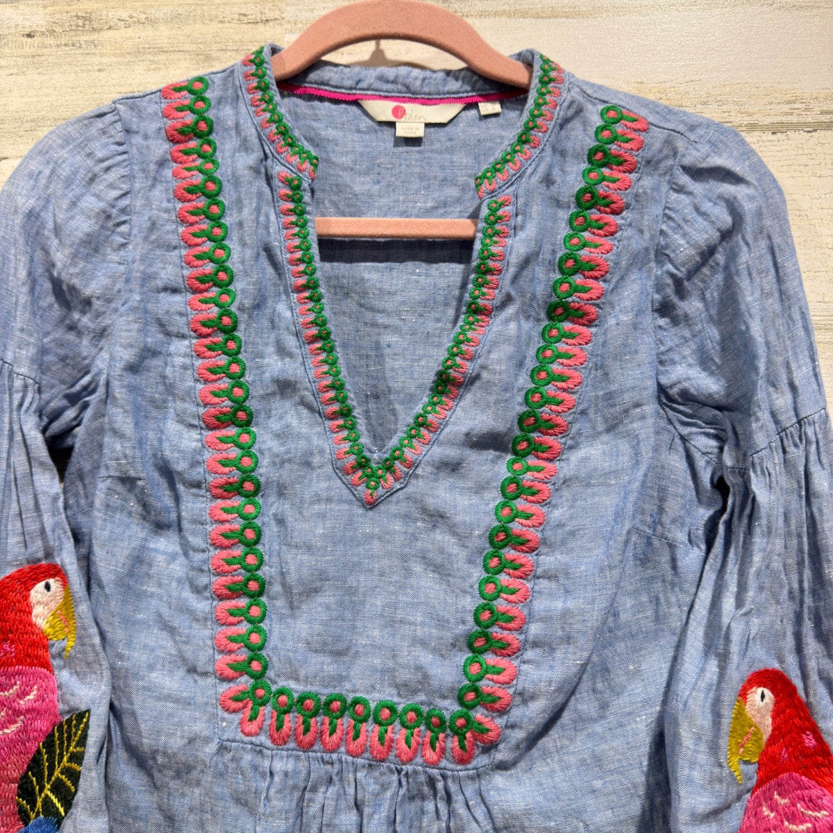 Boden Embroidered Parrot Blouse Women 6 Blue Linen Tropical Boho EUC2