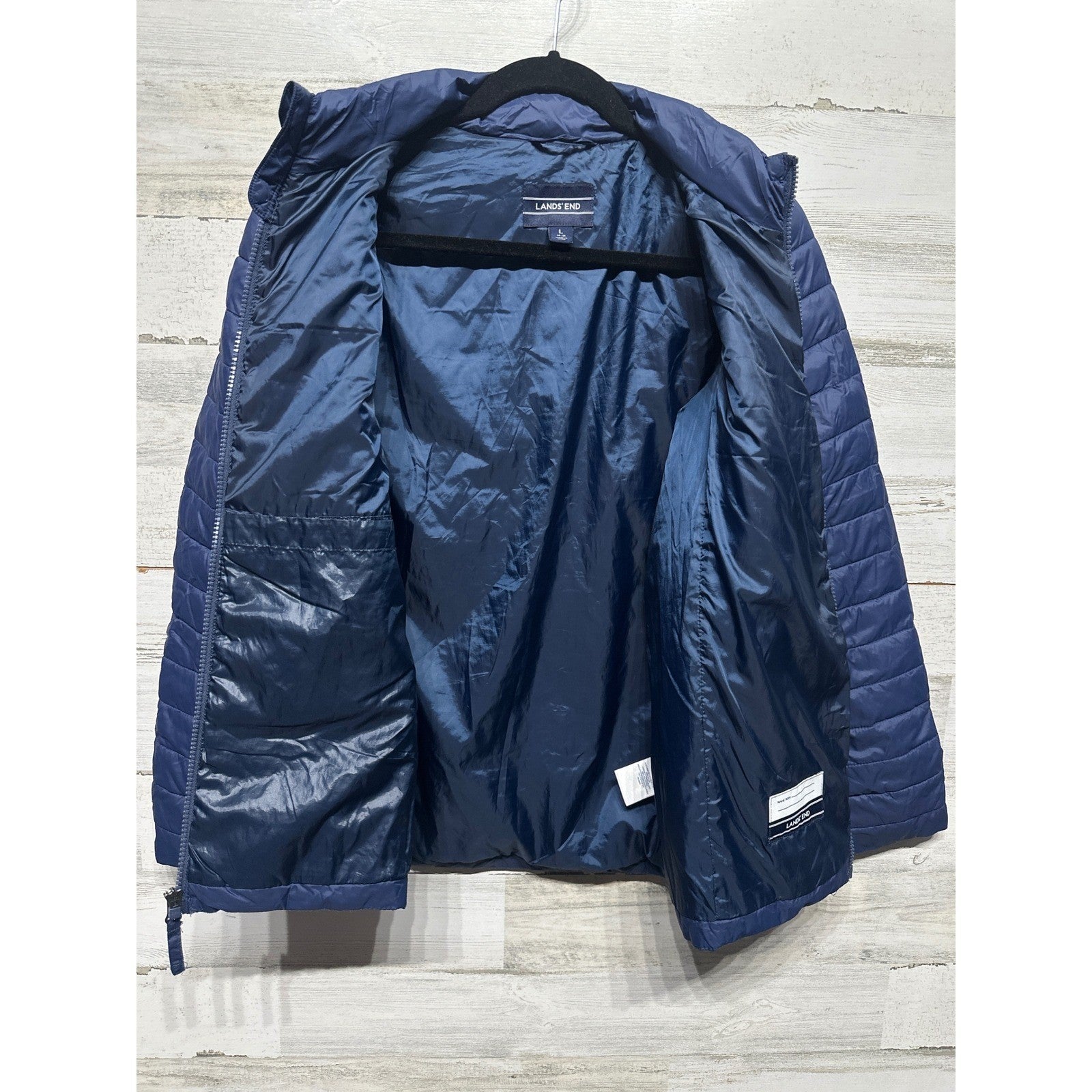 Lands End Puffer Jacket Kids 14-16 Navy Blue Quilted Lightweight EUC2