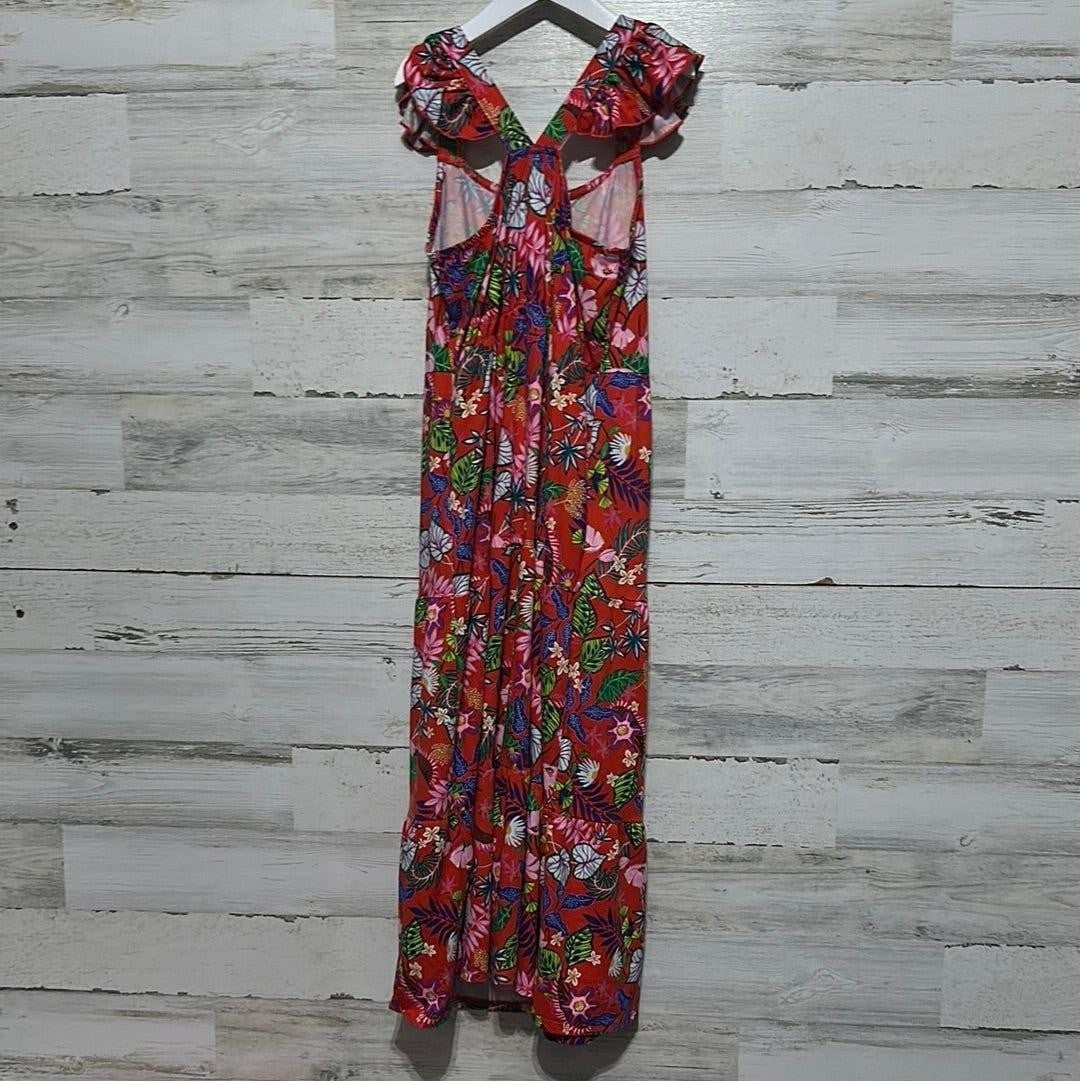 Wonder Nation Maxi Dress Girls 10/12 Red Tropical Floral Ruffle Tiered EUC2