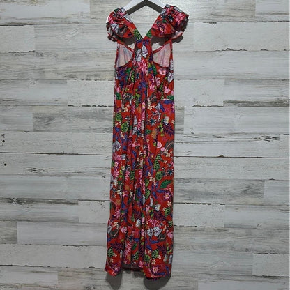 Wonder Nation Maxi Dress Girls 10/12 Red Tropical Floral Ruffle Tiered EUC2
